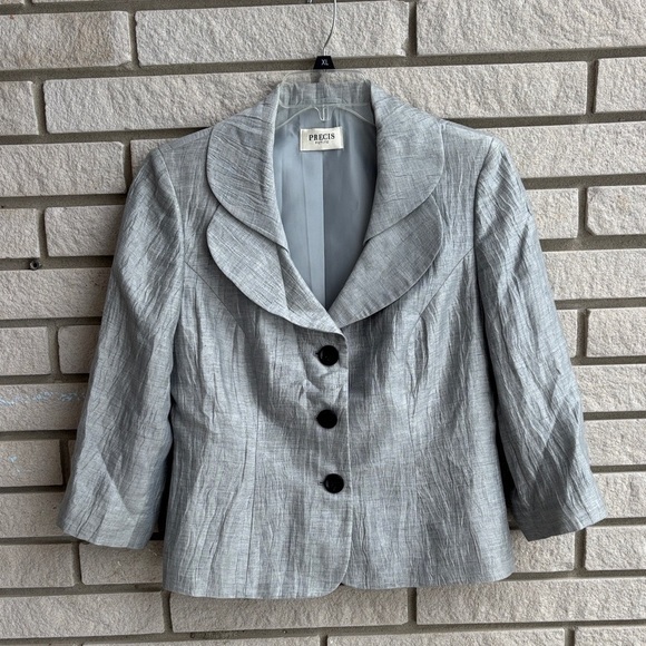 Precis Jackets & Blazers - Precis Petite Gray/Silver Linen Blend Blazer with Double Collar and 3/4 Sleeves